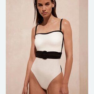 NWT Mint Velvet White Contrast Belted Swimsuit Women's 12 Beach Swim Glam